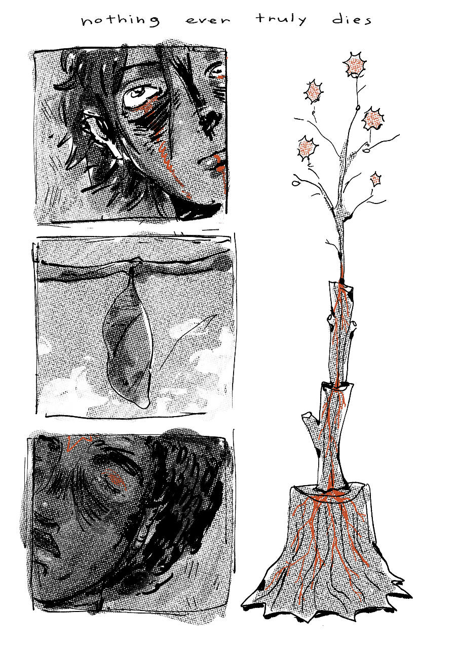 tal manvit a butterfly cocoon and a tree stump with sprouts